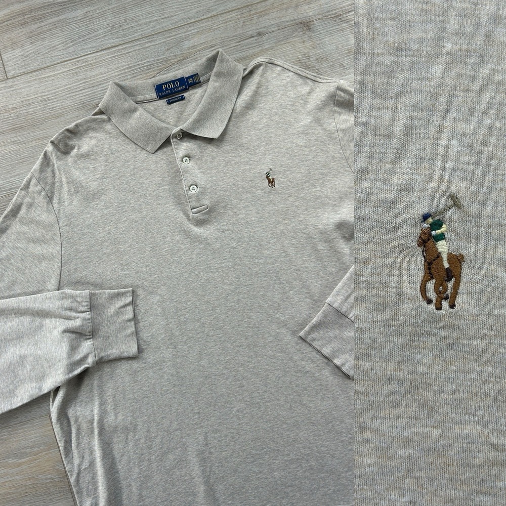 Polo Ralph‎ Lauren Mens XXL 2XL Greige Long Sleeve Polo Shirt Flesh Pony Logo